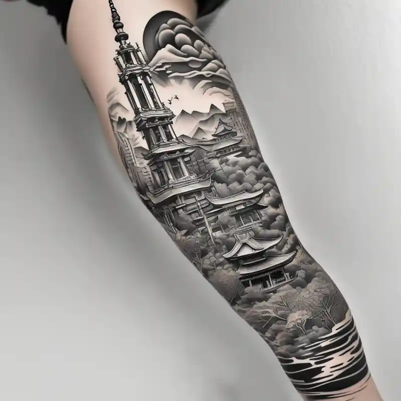Creative Barcelona cityscape leg sleeve floral sleeve tattoo – Japonais, Noir et blanc